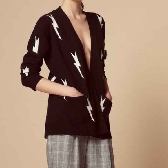Sandro Paris Women Open Front Cardigan Lightning Bolt Long Sleeve Black White M - Picture 1 of 16
